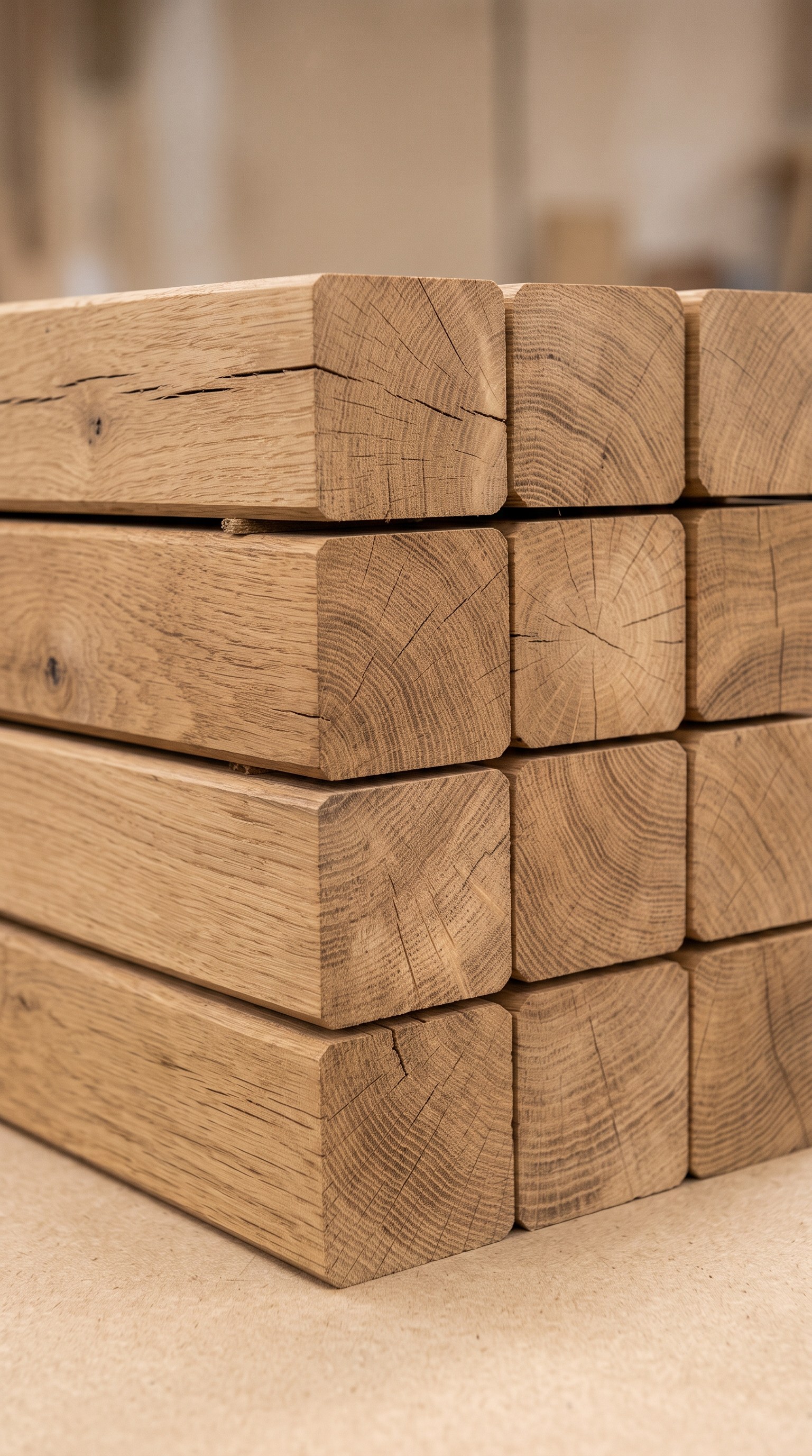 Architectural stacked solid oak timber and structural beams supplied by Lamea Al Rukham Dubai